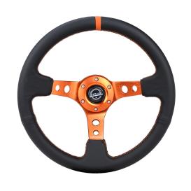 NRG Innovations 350mm Reinforced Sport Black Leather Steering Wheel with Round Holes, Orange Spokes and Orange Center Marke