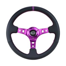 NRG Innovations 350mm Reinforced Sport Black Leather Steering Wheel with Round Holes, Purple Spokes and Purple Center Marke