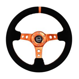 350mm Reinforced Sport Black Suede Steering Wheel with Round Holes, Orange Spokes and Orange Center Marke