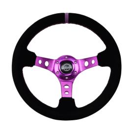 NRG Innovations 350mm Reinforced Sport Black Suede Steering Wheel with Round Holes, Purple Spokes and Purple Center Marke