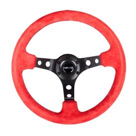 350mm Reinforced Sport Red Suede Steering Wheel with Round Holes and Black Spokes