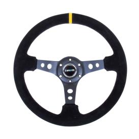 NRG Innovations 350mm Reinforced Sport Black Suede Steering Wheel with Round Holes, Black Spokes and Yellow Stipe