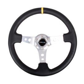 350mm Reinforced Sport Black Leather Steering Wheel with Round Holes, Silver Spokes and Yellow Center Marke