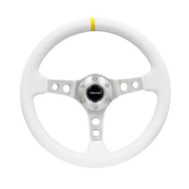350mm Reinforced Sport White Leather Steering Wheel with Round Holes, Silver Spokes and Yellow Stipe
