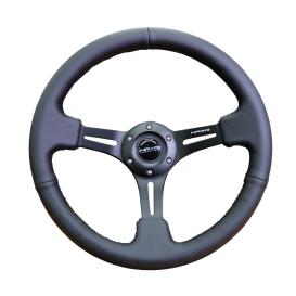 NRG Innovations 350mm Reinforced Black Leather Steering Wheel with Matte Black Slitted Spokes and Black Stitching