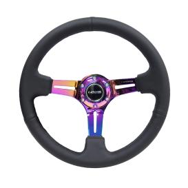 NRG Innovations 350mm Reinforced Black Leather Steering Wheel with Neo Chrome Slitted Spokes and Black Stitching