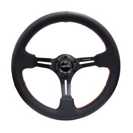 350mm Reinforced Black Leather Steering Wheel with Matte Black Slitted Spokes and Red Stitching
