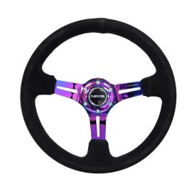 NRG Innovations 350mm Reinforced Black Suede Steering Wheel with Neo Chrome Slitted Spokes and Black Stitching