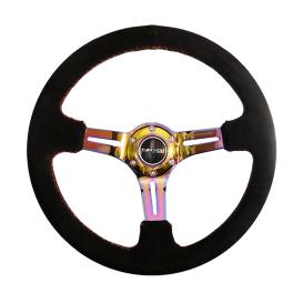 NRG Innovations 350mm Reinforced Black Suede Steering Wheel with Neo Chrome Slitted Spokes and Red Stitching