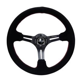 NRG Innovations 350mm Reinforced Black Suede Steering Wheel with Matte Black Slitted Spokes and Red Stitching