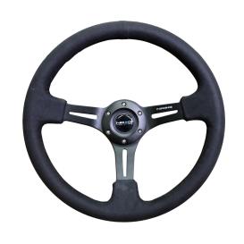 350mm Reinforced Black Alcantara Steering Wheel with Matte Black Slitted Spokes and Black Stitching