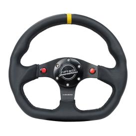 NRG Innovations Flat Bottom Black Leather Sport Steering Wheel with 2-Switches, Matte Black Spokes and Yellow Center Mark