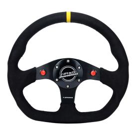 NRG Innovations Flat Bottom Black Alcantara Sport Steering Wheel with 2-Switches, Matte Black Spokes and Yellow Center Mark
