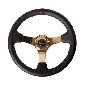 NRG Innovations 350mm Reinforced Black Leather Steering Wheel with Chrome Gold Spokes and Red Stitching