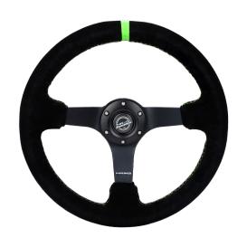 NRG Innovations 350mm Black Suede Sport Steering Wheel with Neon Green Stitching and Center Mark