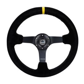 NRG Innovations 350mm Black Suede Sport Steering Wheel with Matte Black Spokes, Black Stitching and Yellow Center Mark