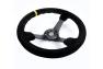 NRG Innovations 350mm Black Suede Sport Steering Wheel with Matte Black Spokes, Black Stitching and Yellow Center Mark - NRG Innovations RST-036MB-S-Y