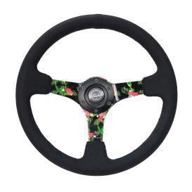 350mm Black Suede Steering Wheel with Tropical Hydro Dip Spokes and Black Stitching