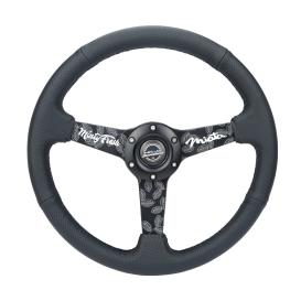 NRG Innovations 350mm Black Perforated Leather Sport Steering Wheel with Minty Fresh Miata Printed on Spokes