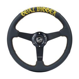 NRG Innovations 350mm Black Perforated Leather Sport Steering Wheel with GOAL DIGGER Embroidery and Gold Stitching
