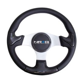 NRG Innovations 350mm Carbon Fiber and Leather Steering Wheel with Silver Spokes