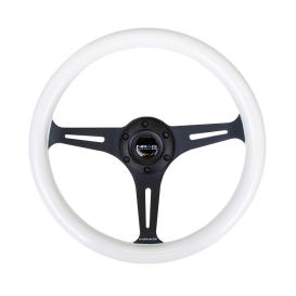 NRG Innovations 350mm White Wood Grain Steering Wheel with Green Glow-n-Dark and Matte Black Slitted Spokes