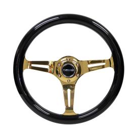 NRG Innovations 350mm Black Wood Grain Steering Wheel with Chrome Gold Slitted Spokes