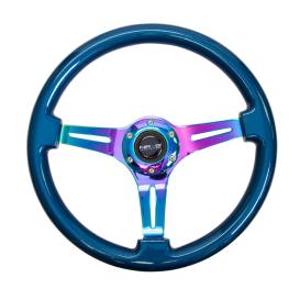 NRG Innovations 350mm Blue Wood Grain Steering Wheel with Neo Chrome Slitted Spokes
