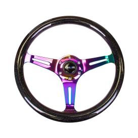 NRG Innovations 350mm Black Sparkled Wood Grain Steering Wheel with Neo Chrome Slitted Spokes
