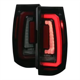 Driver and Passenger Side LED Tail Lights with Sequential Turn Signals and Red LED Bar (Jet Black Housing, Smoke Lens)