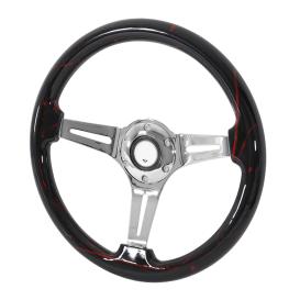 2" Deep Dish Aluminum 3-Spoke Wooden 350mm Steering Wheel with Black & Red Strips Style Chrome Center)