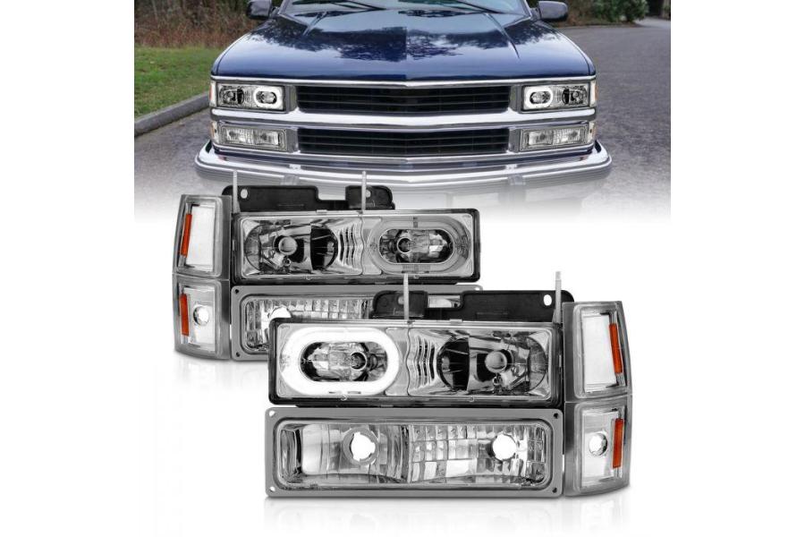 Anzo Driver and Passenger Side 8Pc Crystal Headlights With Halo With Turn Signal and Side Marker Lights (Chrome Housing, Clear Lens) - Anzo 111508