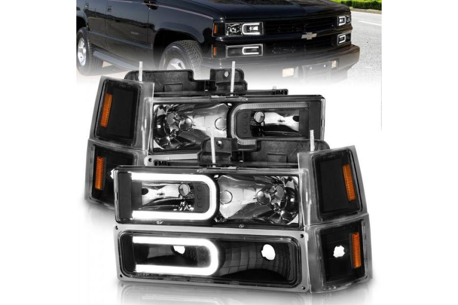 Anzo Driver and Passenger Side 8Pc Crystal Headlights With Light Bar With Turn Signal and Side Marker Lights (Black Housing, Clear Lens) - Anzo 111528