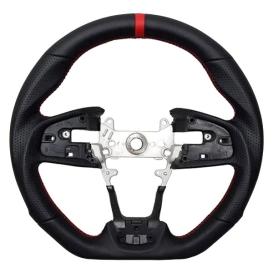 Black Genuine Perforated Leather Flat-Bottom Steering Wheel with Red Center Marking