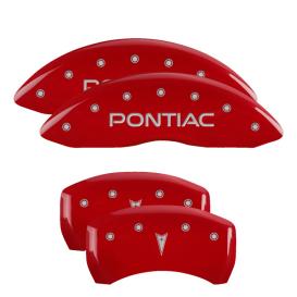 MGP Red Front & Rear Caliper Covers with Silver Pontiac Front, Arrow Logo Rear