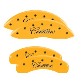 MGP Yellow Front & Rear Caliper Covers with Black Cadillac Cursive