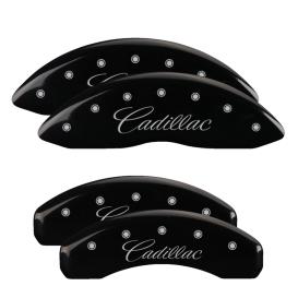 MGP Black Front & Rear Caliper Covers with Silver Cadillac (Cursive)