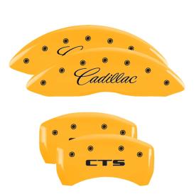 MGP Yellow Front & Rear Caliper Covers with Black Cadillac Front, CTS Rear