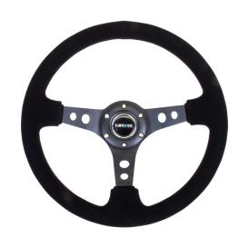 NRG Innovations 350mm Reinforced Sport Black Suede Steering Wheel with Round Holes and Black Spokes