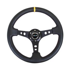 NRG Innovations 350mm Reinforced Sport Black Leather Steering Wheel with Round Holes, Black Spokes and Yellow Center Marke