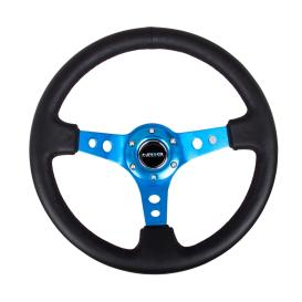 NRG Innovations 350mm Reinforced Sport Black Leather Steering Wheel with Round Holes and Blue Spokes