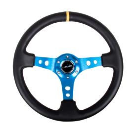 NRG Innovations 350mm Reinforced Sport Black Leather Steering Wheel with Round Holes, Blue Spokes and Yellow Center Marke