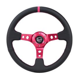 NRG Innovations 350mm Reinforced Sport Black Leather Steering Wheel with Round Holes, Fushia Spokes and Fushia Center Marke