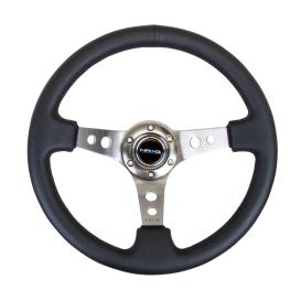 NRG Innovations 350mm Reinforced Sport Black Leather Steering Wheel with Round Holes and Gun-Metal Spokes