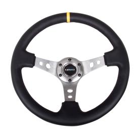 NRG Innovations 350mm Reinforced Sport Black Leather Steering Wheel with Round Holes, Gun-Metal Spokes and Yellow Center Marke