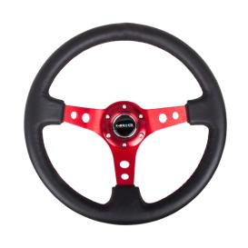 NRG Innovations 350mm Reinforced Sport Black Leather Steering Wheel with Round Holes and Red Spokes