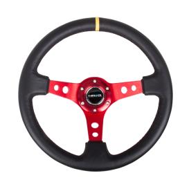 NRG Innovations 350mm Reinforced Sport Black Leather Steering Wheel with Round Holes, Red Spokes and Yellow Center Marke