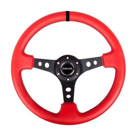 NRG Innovations 350mm Reinforced Sport Red Leather Steering Wheel with Round Holes, Black Spokes and Black Center Marke