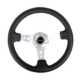 NRG Innovations 350mm Reinforced Sport Black Leather Steering Wheel with Round Holes and Silver Spokes