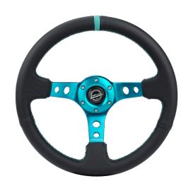 NRG Innovations 350mm Reinforced Sport Black Leather Steering Wheel with Round Holes and Teal Spokes